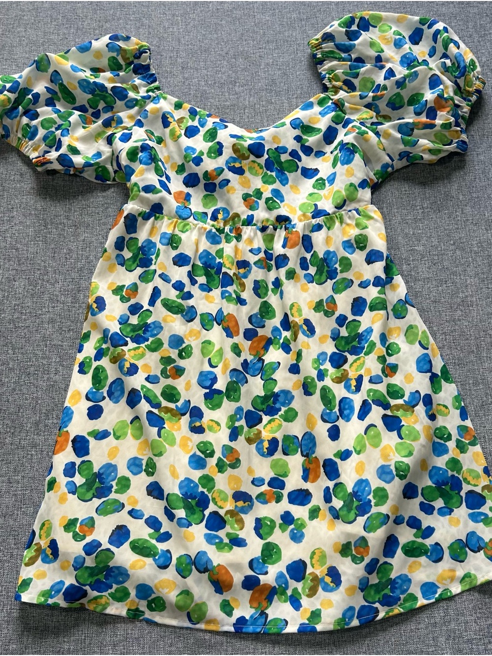 Kori Dress S White Backless Puff Sleeve with Blue Green Yellow Dot Print